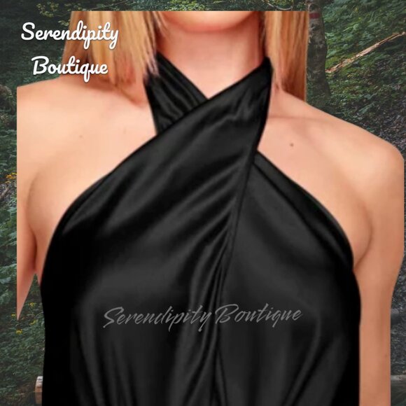 Classy Silky Black Grecian Neck Wrap Halter Ruched Cowl Sleeveless Sexy Blouse - Picture 4 of 6